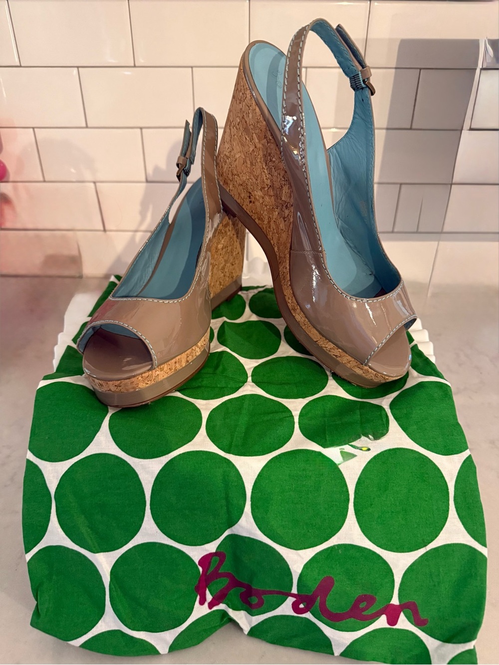 Peep-Toe Cork Wedge Sandals in Taupe